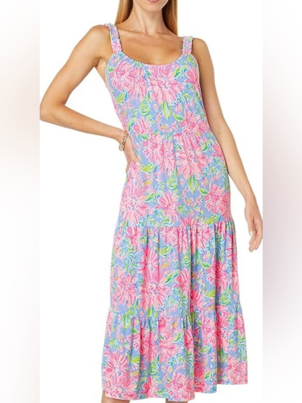 Lilly Pulitzer Pink and Blue Floral Tiered Midi Dress
